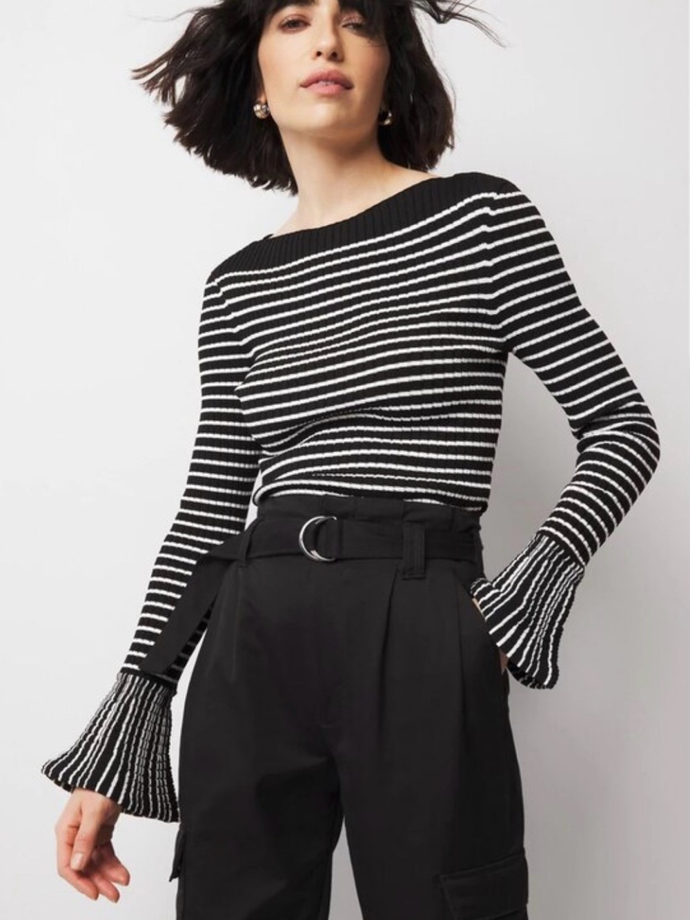 White House Black Market Black & White Striped Ribbed Boatneck Top